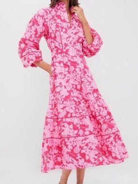 Bright Pink Floral Maxi Dress with Puff Sleeves